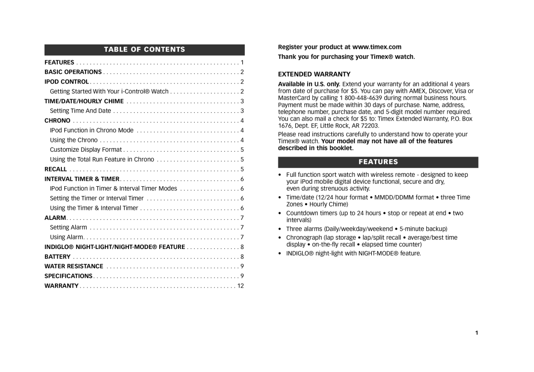 Timex M805 manual Table of Contents, Features 