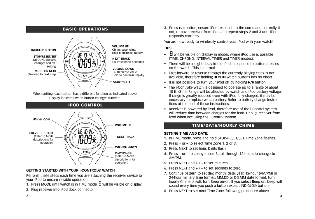 Timex M805 manual Basic Operations, Ipod Control, TIME/DATE/HOURLY Chime, Tips, Setting Time and Date 