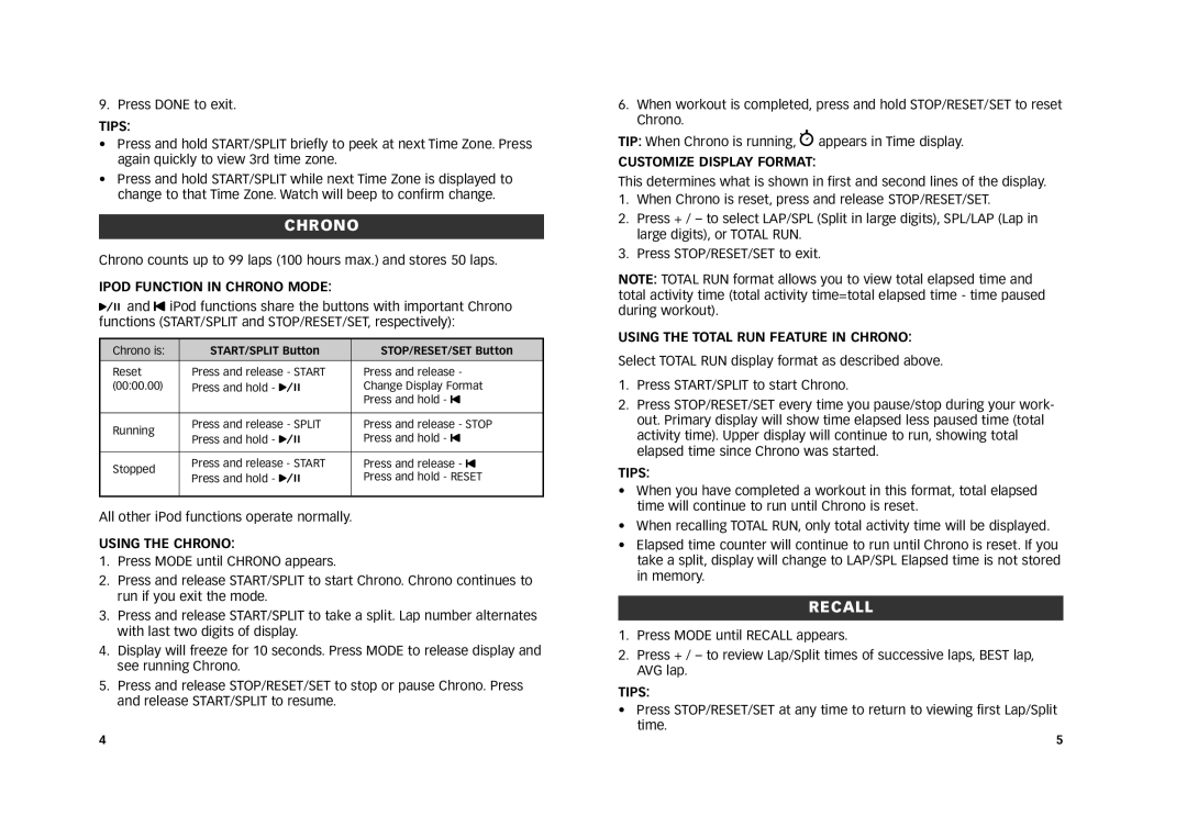 Timex M805 manual Chrono, Recall 