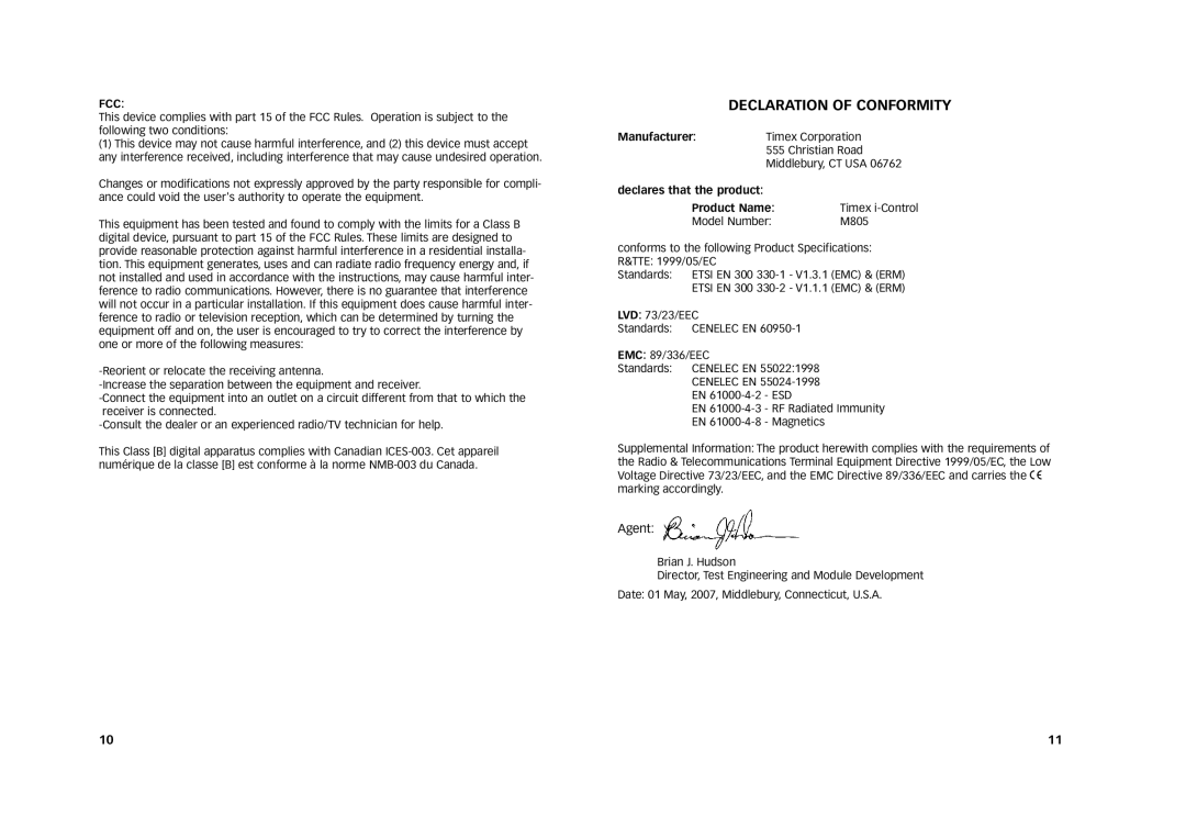 Timex M805 manual Declaration of Conformity, Manufacturer, Declares that the product Product Name 