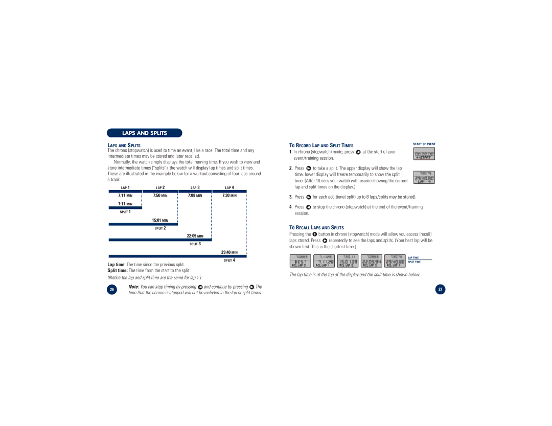 Timex M828 specifications Laps and Splits, At the start of your, Event/training session, Session 