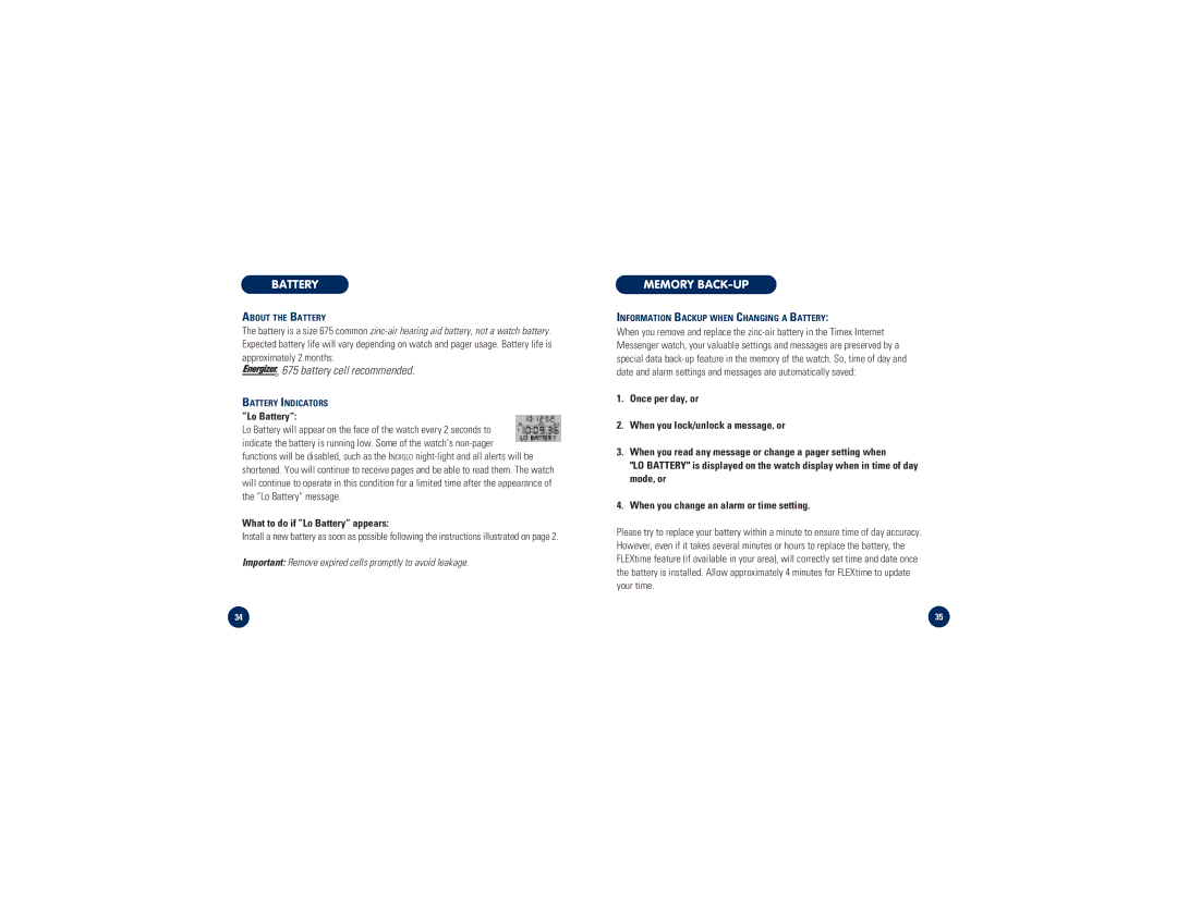 Timex M828 Memory BACK-UP, About the Battery, Battery Indicators, Information Backup When Changing a Battery 