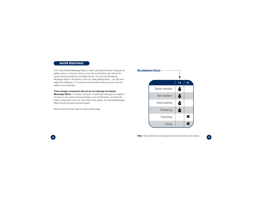 Timex M828 specifications Water Resistance, Please refer to the chart right for recommended usage 