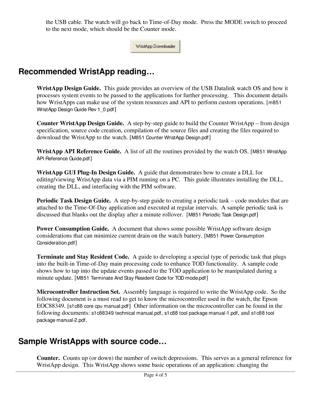 Timex M851 manual Recommended WristApp reading…, Sample WristApps with source code… 