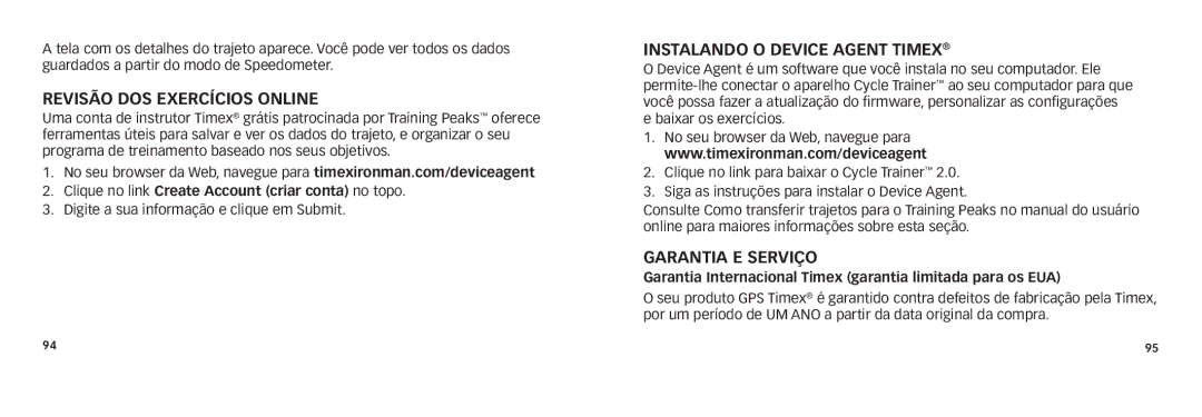 Timex NA/EU W280 242-095004 quick start Revisão dos exercícios online, Instalando o Device Agent Timex, Garantia e serviço 