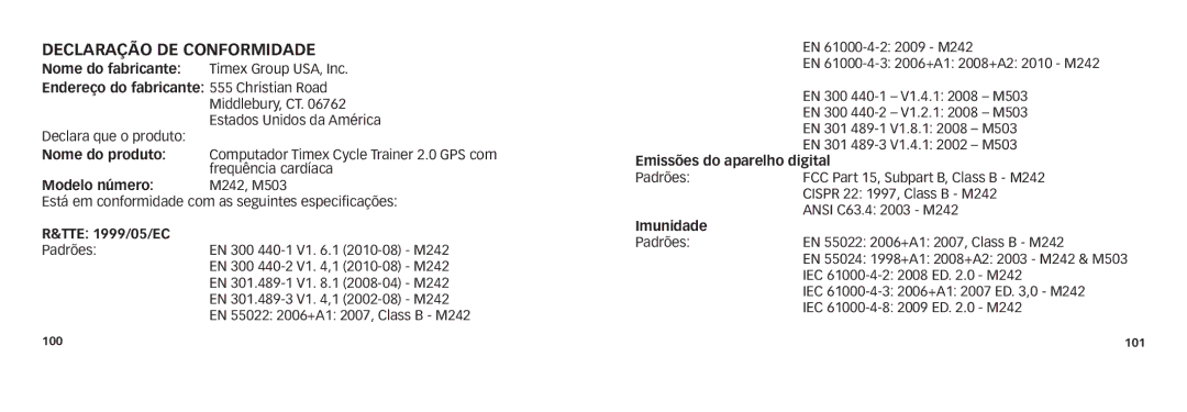 Timex NA/EU W280 242-095004 quick start Declaração de conformidade, Modelo número M242, M503, TTE 1999/05/EC, Imunidade 