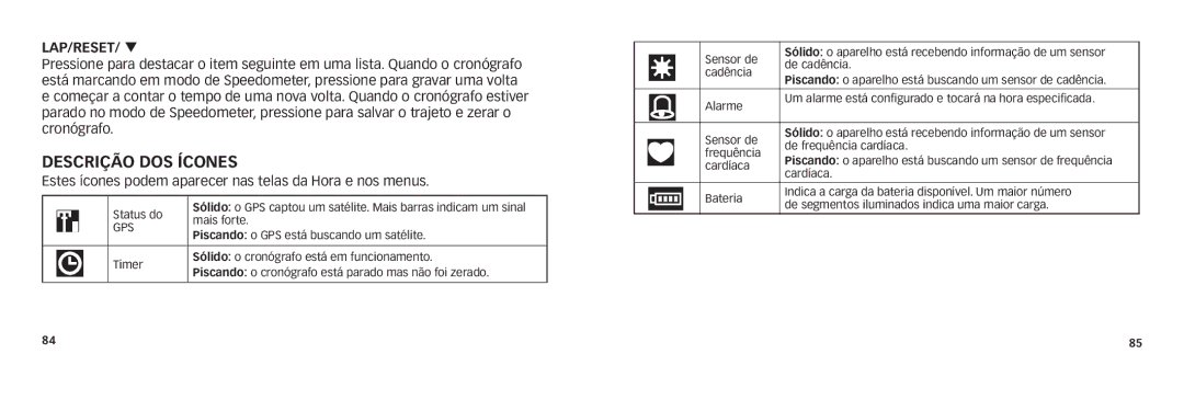 Timex NA/EU W280 242-095004 quick start Descrição dos ícones, LAP/RESET/ q 