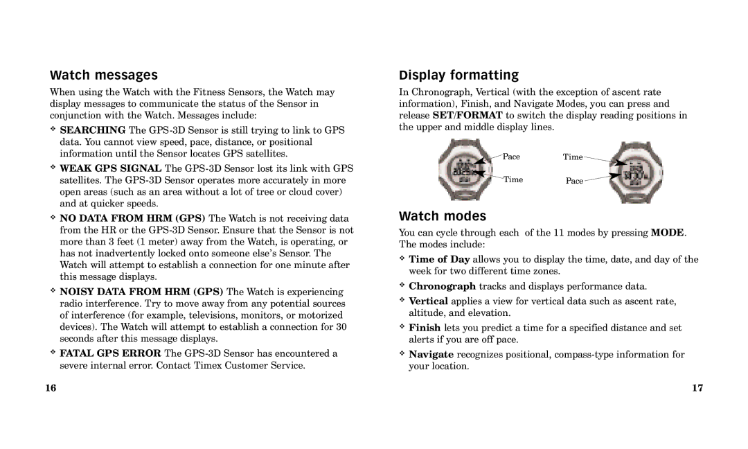 Timex Performance Watch manual Watch messages, Display formatting, Watch modes 