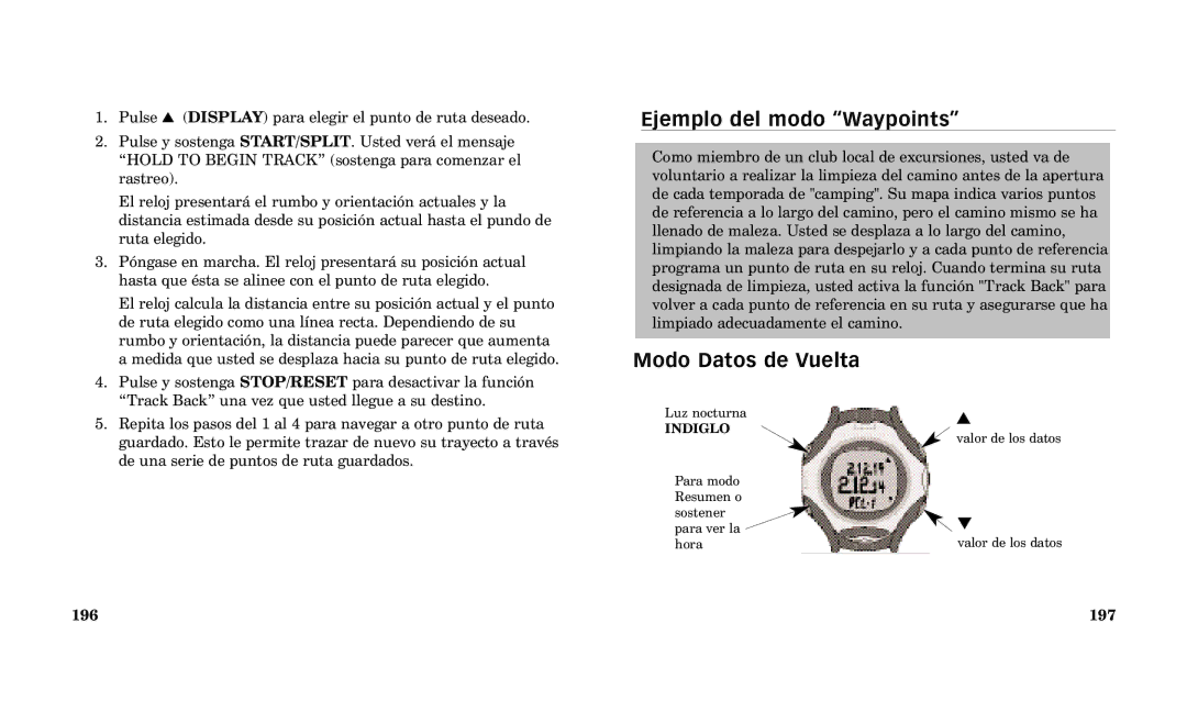 Timex Performance Watch manual Ejemplo del modo ÒWaypointsÓ, Modo Datos de Vuelta, 196 197 