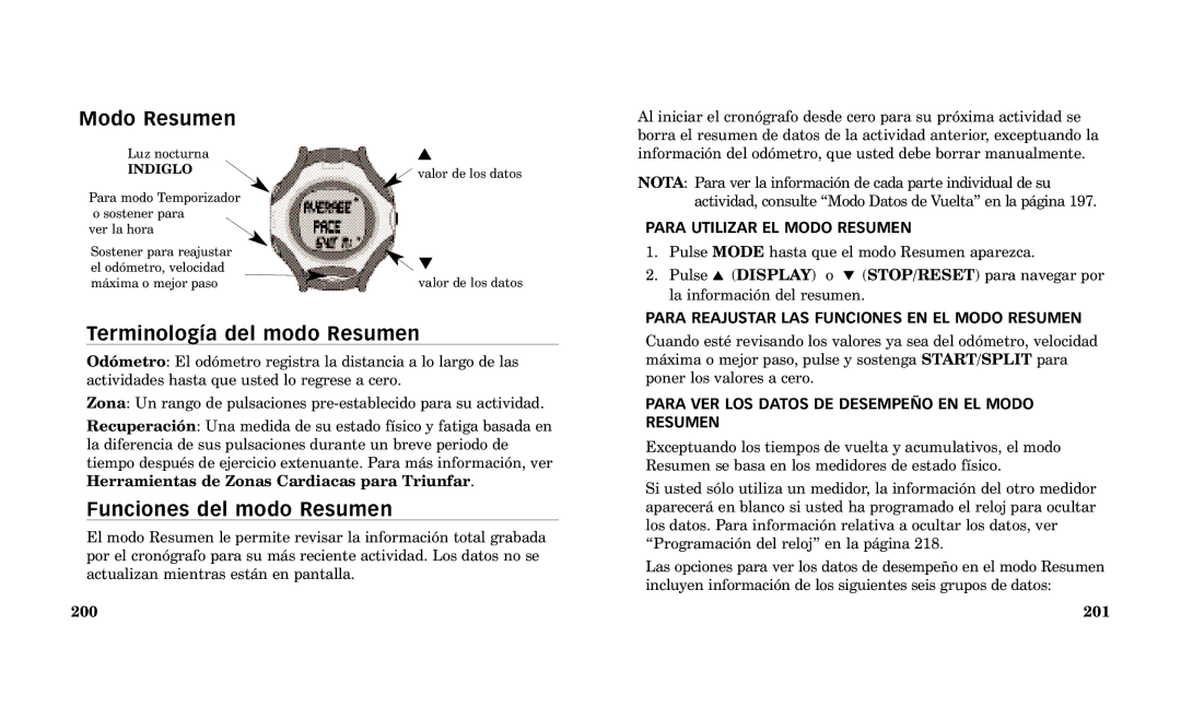 Timex Performance Watch manual Modo Resumen, Terminolog’a del modo Resumen, Funciones del modo Resumen 