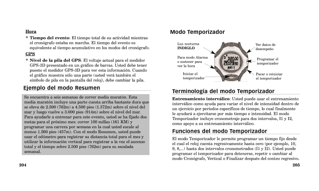 Timex Performance Watch manual Ejemplo del modo Resumen, Modo Temporizador, Terminolog’a del modo Temporizador 