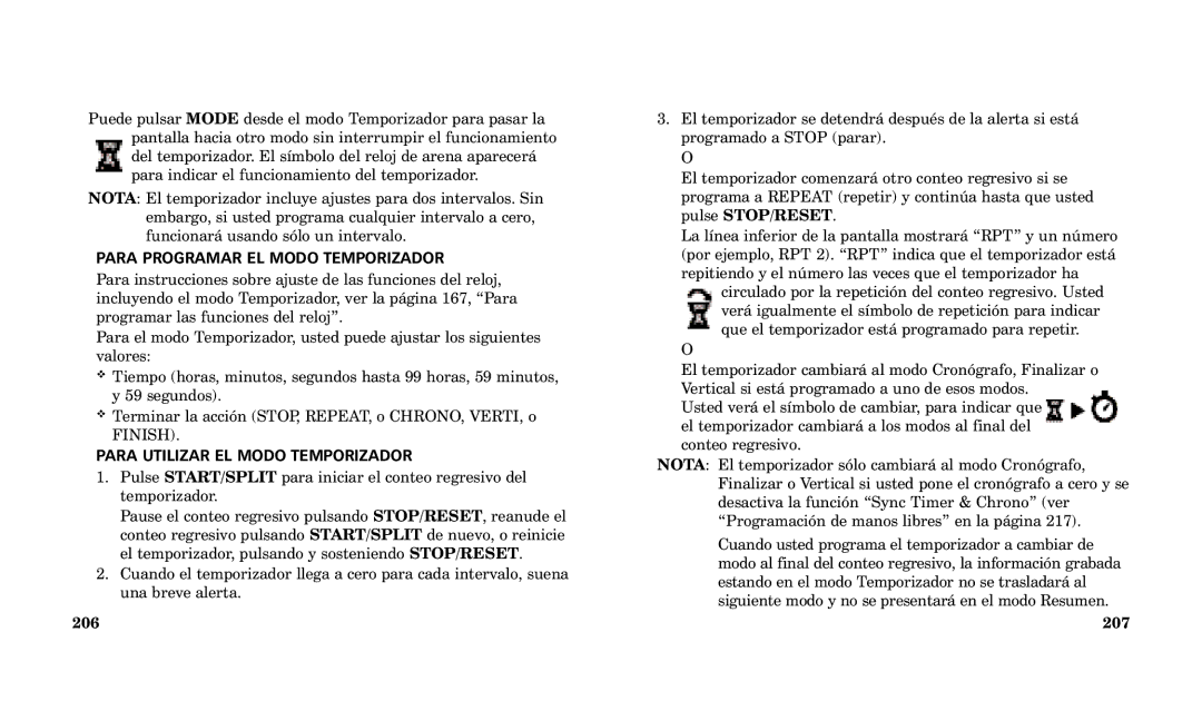 Timex Performance Watch manual Para Programar EL Modo Temporizador, Para Utilizar EL Modo Temporizador, 206, 207 