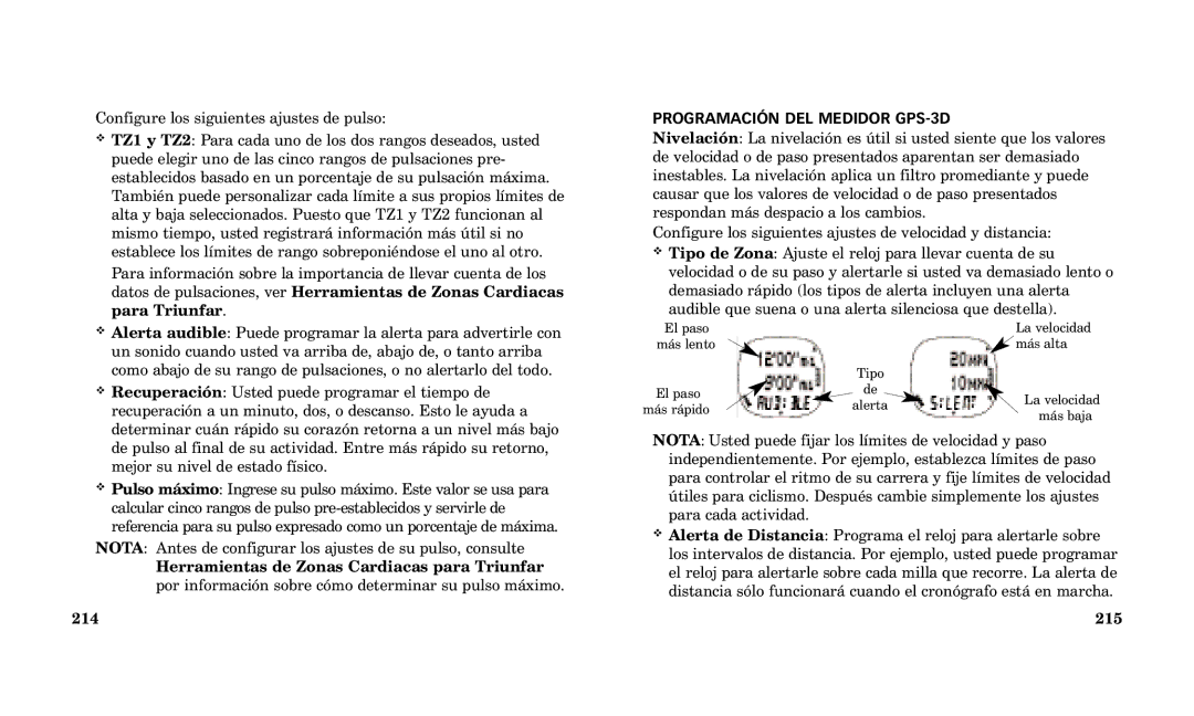 Timex Performance Watch manual Herramientas de Zonas Cardiacas para Triunfar, PROGRAMACIîN DEL Medidor GPS-3D, 215 