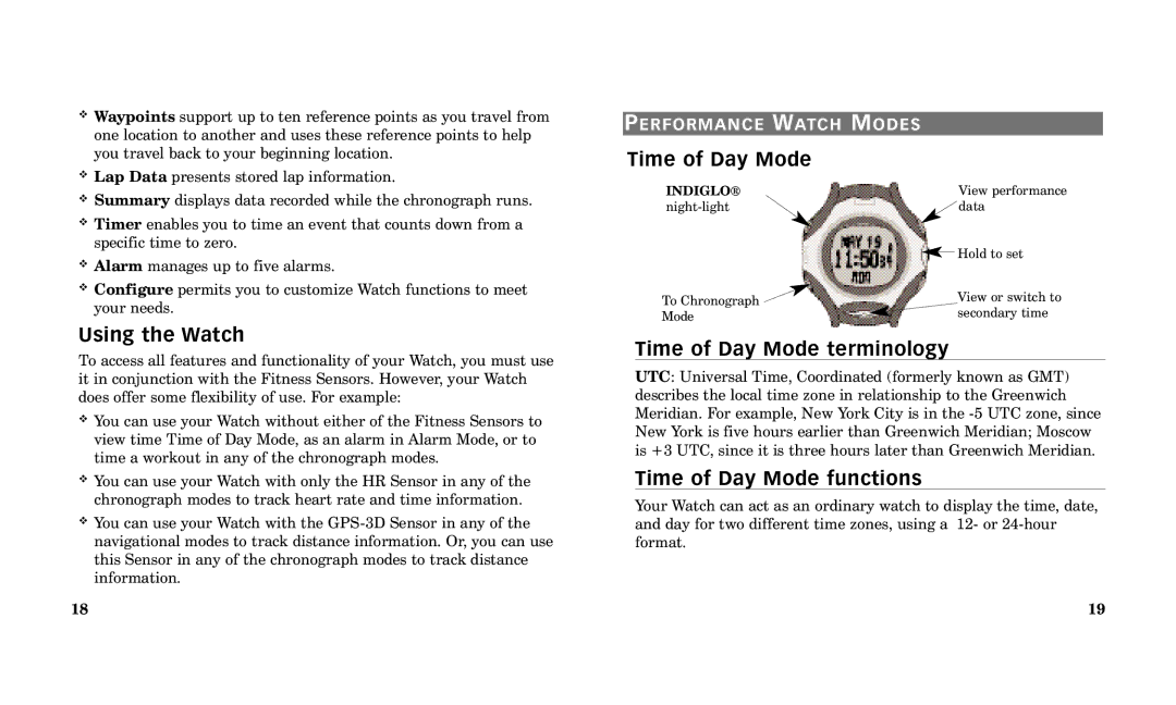 Timex Performance Watch manual Using the Watch, Time of Day Mode terminology, Time of Day Mode functions 