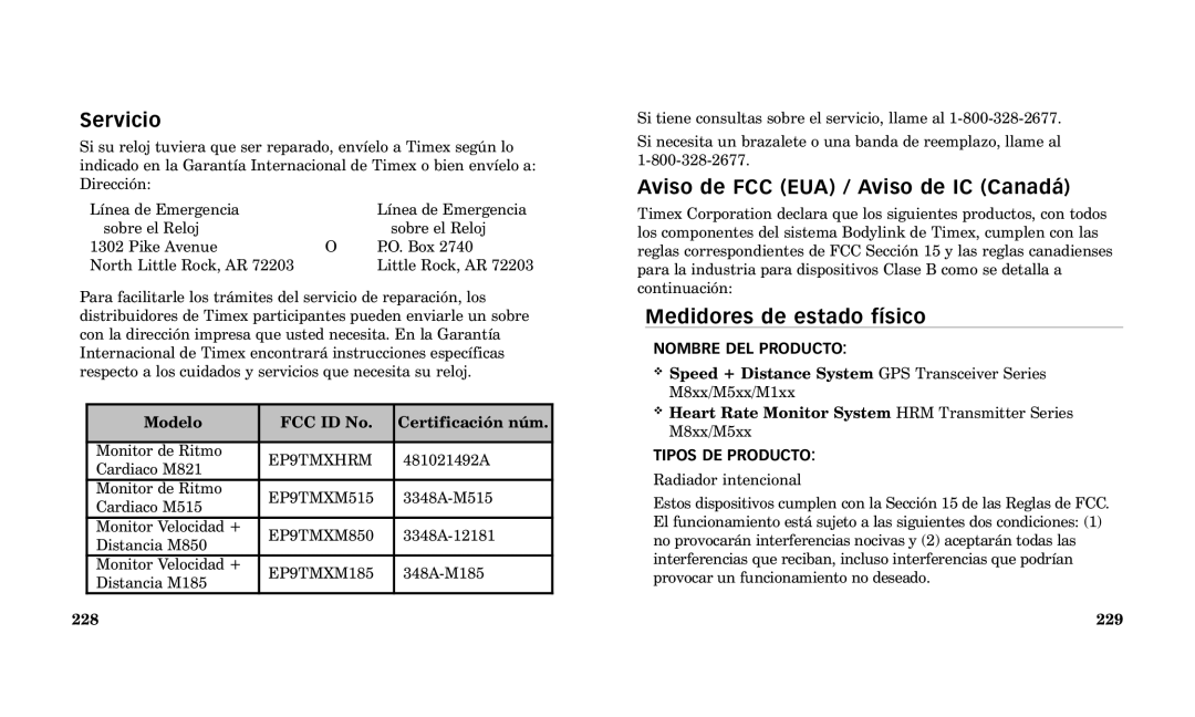 Timex Performance Watch Servicio, Aviso de FCC EUA / Aviso de IC Canad‡, Medidores de estado f’sico, Nombre DEL Producto 