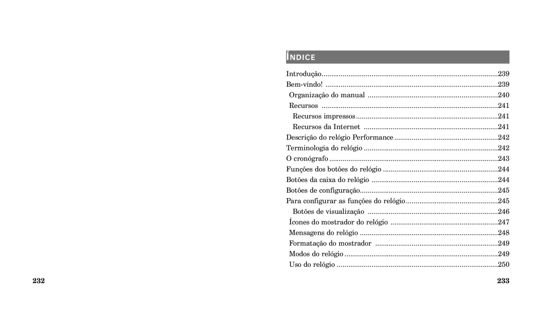 Timex Performance Watch manual Êndice, 232 233 