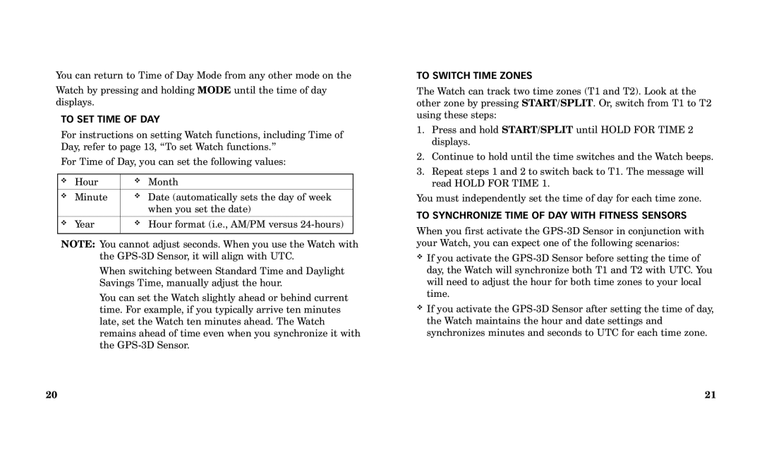 Timex Performance Watch manual To SET Time of DAY, To Switch Time Zones, To Synchronize Time of DAY with Fitness Sensors 