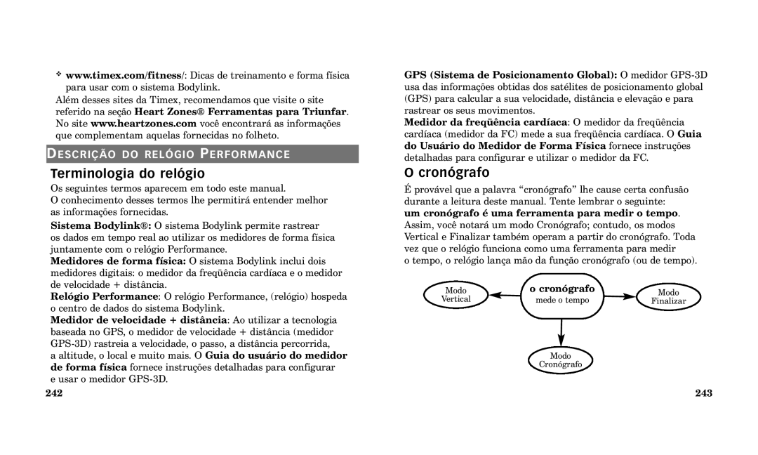 Timex Performance Watch manual Terminologia do rel-gio, Cron-grafo, 243 