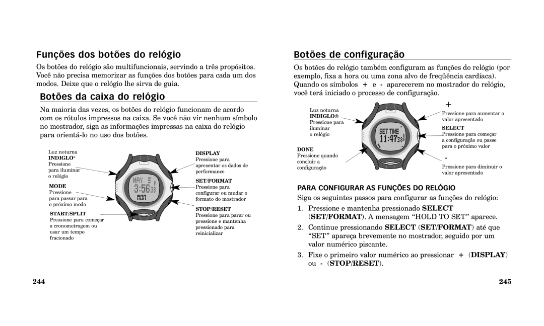 Timex Performance Watch manual Fun›es dos bot›es do rel-gio, Bot›es da caixa do rel-gio Bot›es de configura‹o 