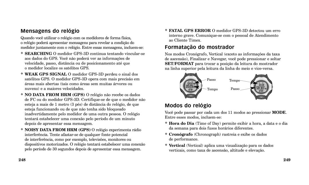 Timex Performance Watch manual Mensagens do rel-gio, Formata‹o do mostrador, Modos do rel-gio, 248, 249 