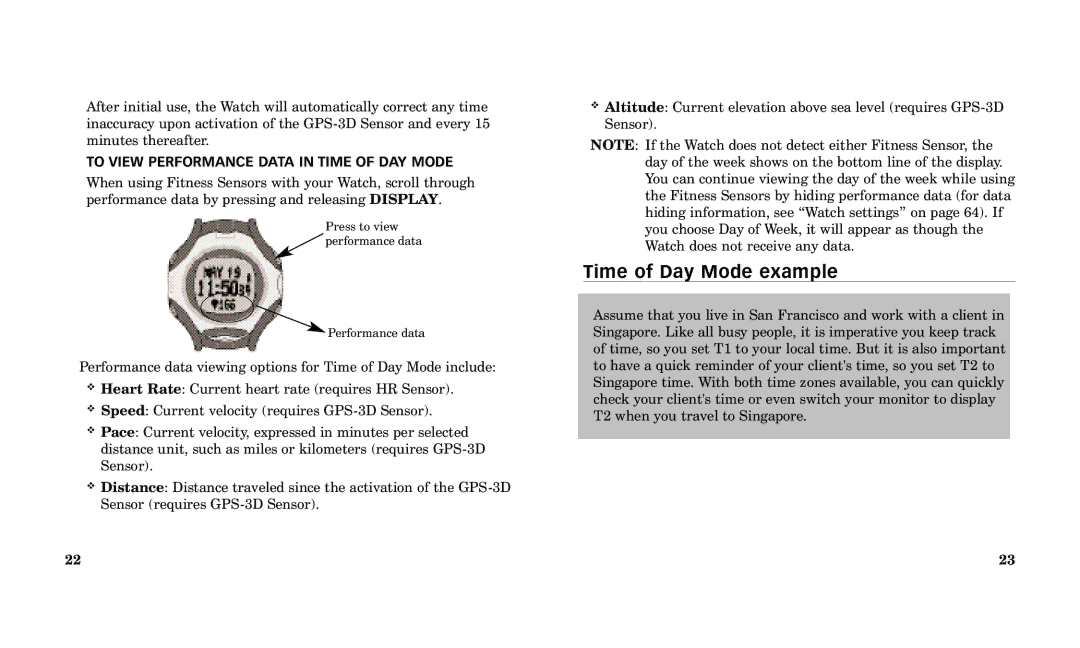 Timex Performance Watch manual Time of Day Mode example, To View Performance Data in Time of DAY Mode 