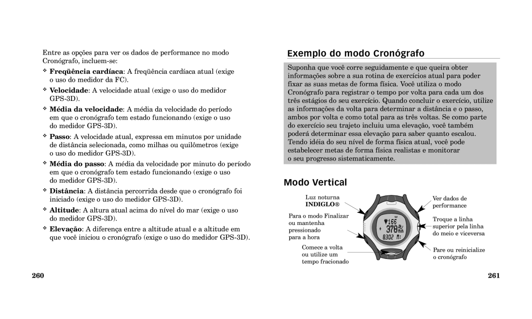 Timex Performance Watch manual Exemplo do modo Cron-grafo, 260 261 