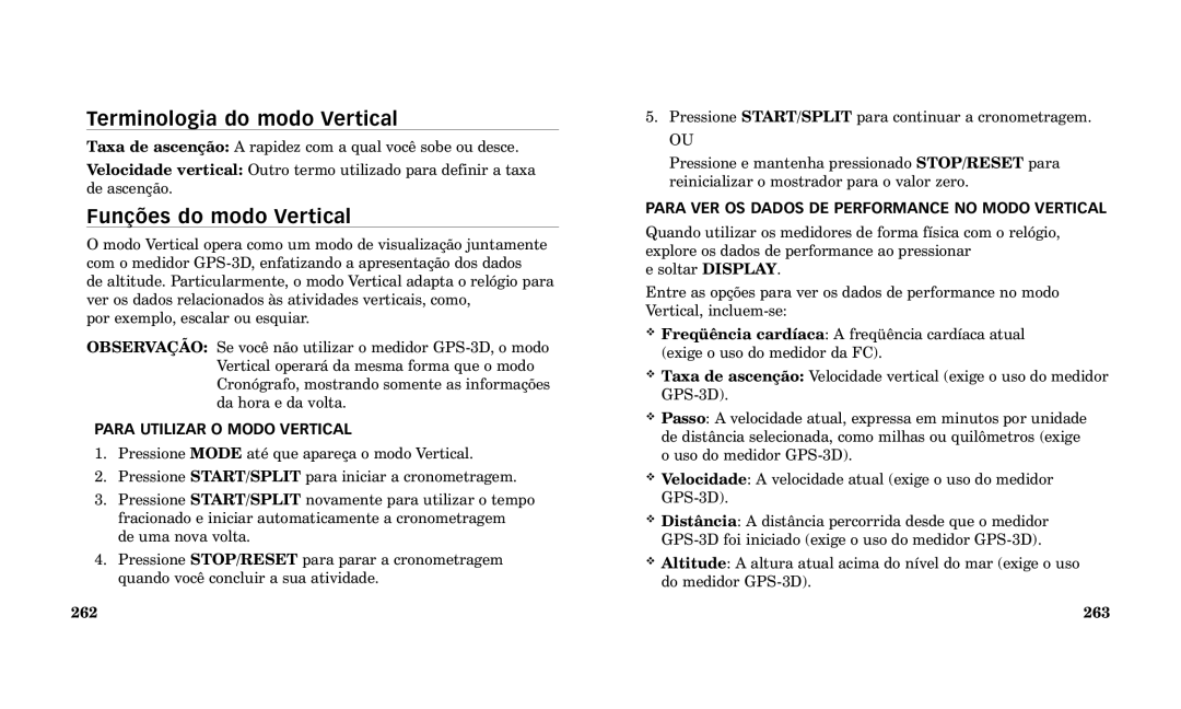 Timex Performance Watch manual Terminologia do modo Vertical, Fun›es do modo Vertical, Para Utilizar O Modo Vertical 