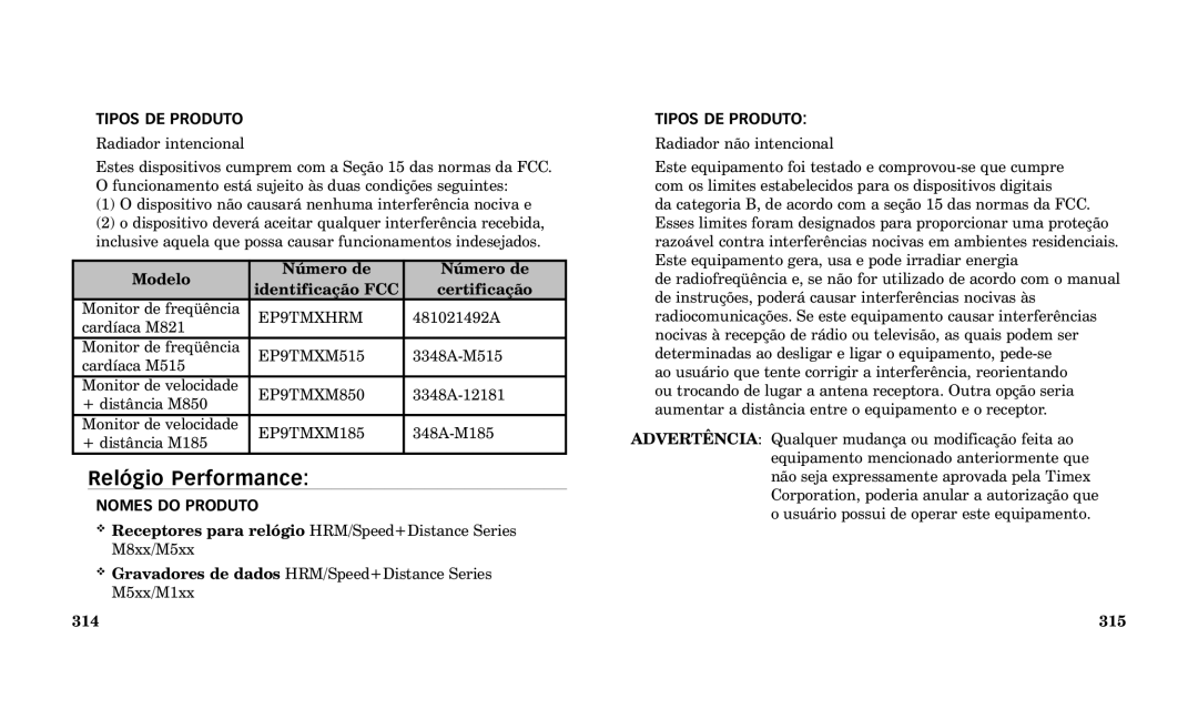 Timex Performance Watch Rel-gio Performance, Tipos DE Produto, Modelo Nœmero de Identifica‹o FCC Certifica‹o, 314, 315 