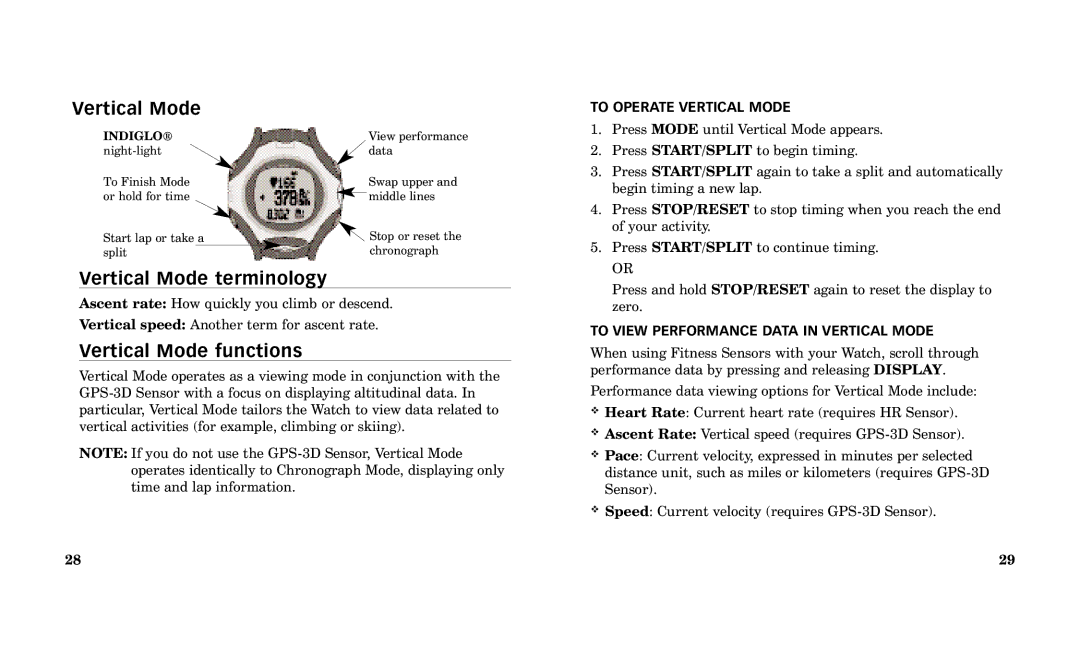 Timex Performance Watch manual Vertical Mode terminology, Vertical Mode functions, To Operate Vertical Mode 