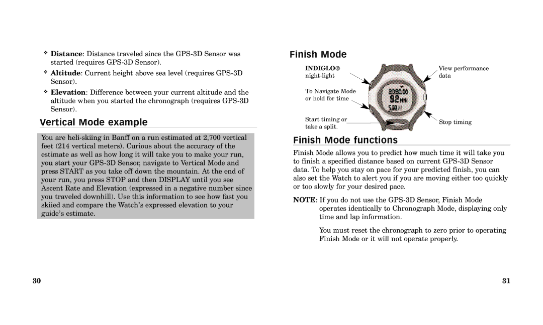 Timex Performance Watch manual Vertical Mode example, Finish Mode functions 
