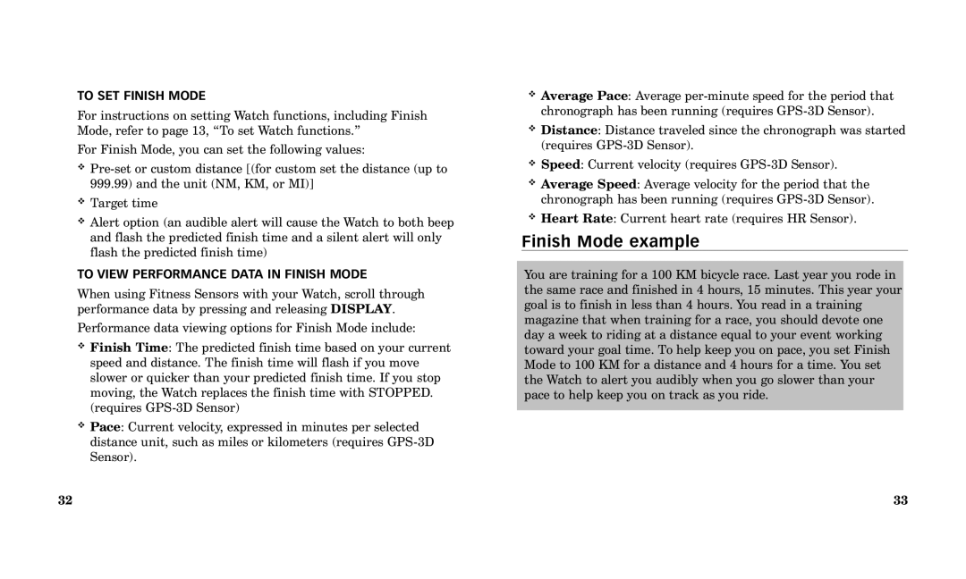 Timex Performance Watch manual Finish Mode example, To SET Finish Mode, To View Performance Data in Finish Mode 