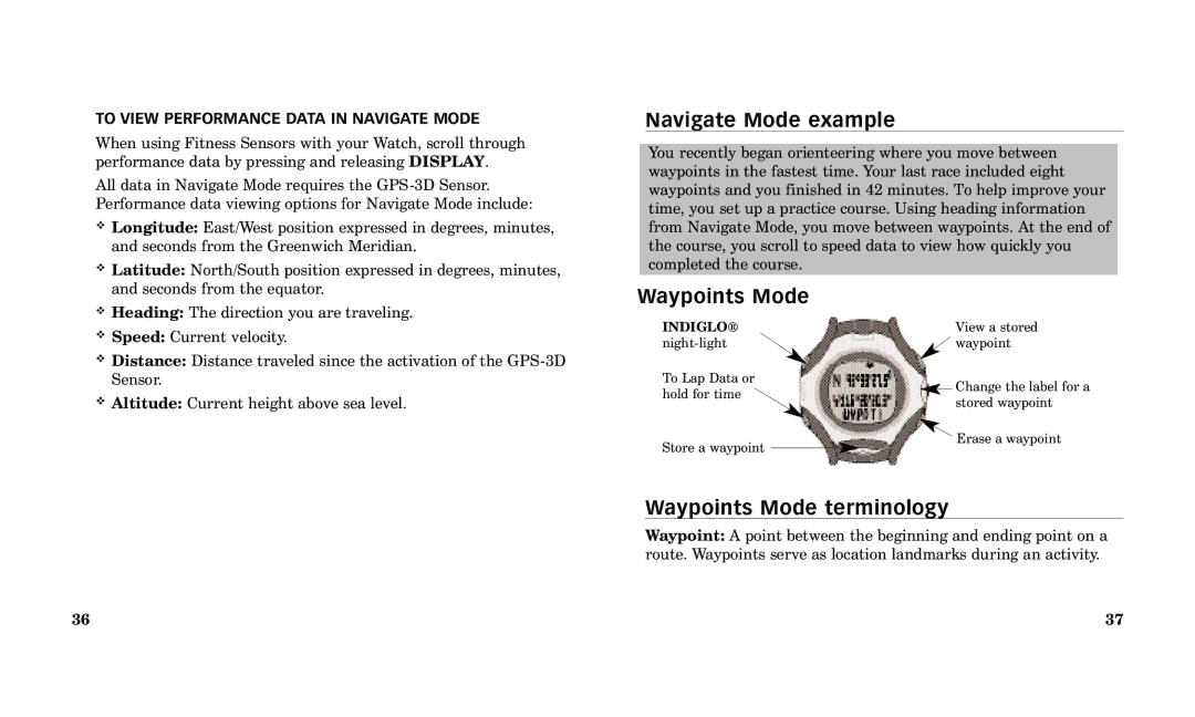 Timex Performance Watch Navigate Mode example, Waypoints Mode terminology, To View Performance Data in Navigate Mode 