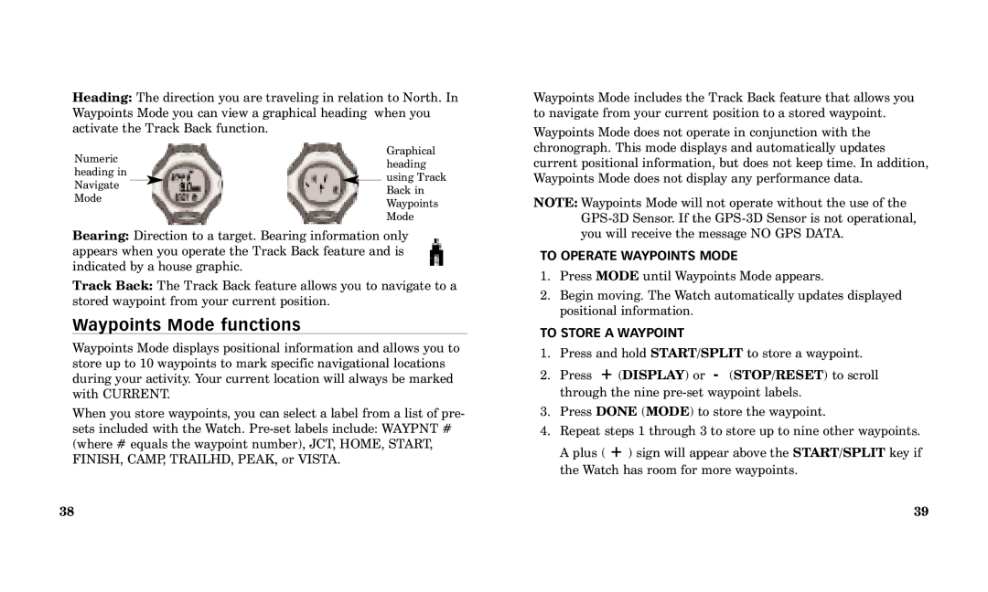 Timex Performance Watch manual Waypoints Mode functions, To Operate Waypoints Mode, To Store a Waypoint 