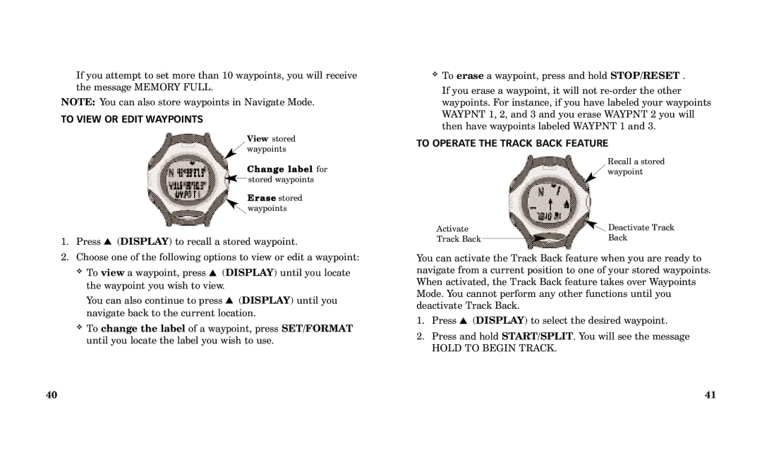 Timex Performance Watch manual To View or Edit Waypoints, To Operate the Track Back Feature 