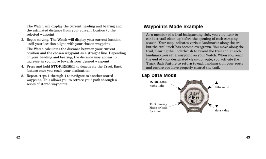 Timex Performance Watch manual Waypoints Mode example, Lap Data Mode 