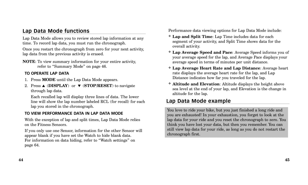 Timex Performance Watch manual Lap Data Mode functions, Lap Data Mode example, To Operate LAP Data 