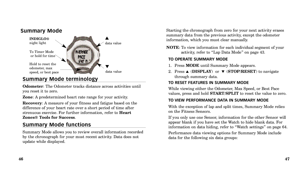 Timex Performance Watch manual Summary Mode terminology, Summary Mode functions 