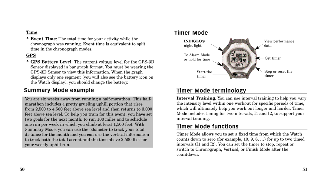 Timex Performance Watch manual Summary Mode example, Timer Mode terminology, Timer Mode functions, Gps 