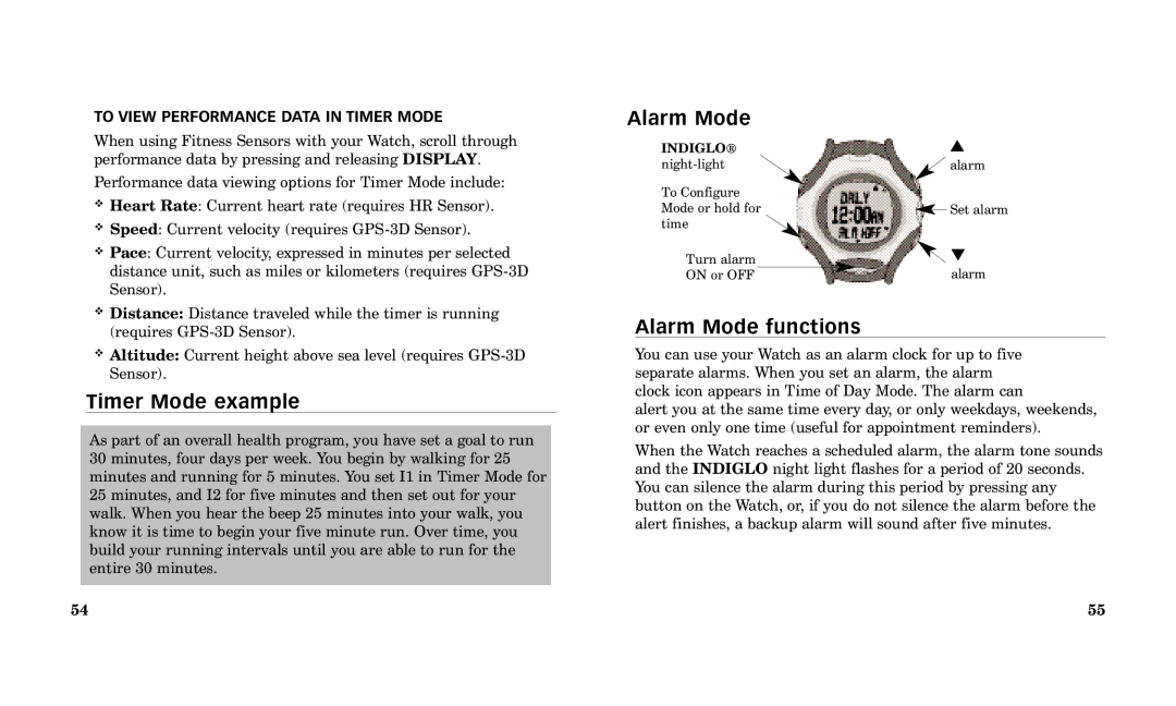 Timex Performance Watch manual Timer Mode example, Alarm Mode functions, To View Performance Data in Timer Mode 