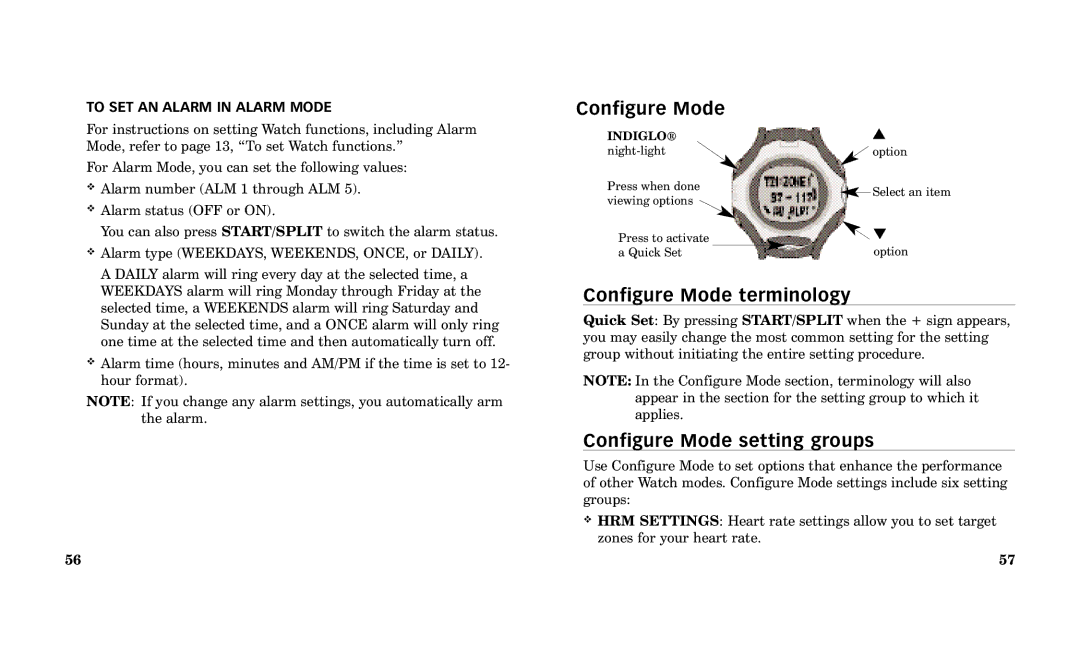 Timex Performance Watch manual Configure Mode terminology, Configure Mode setting groups, To SET AN Alarm in Alarm Mode 