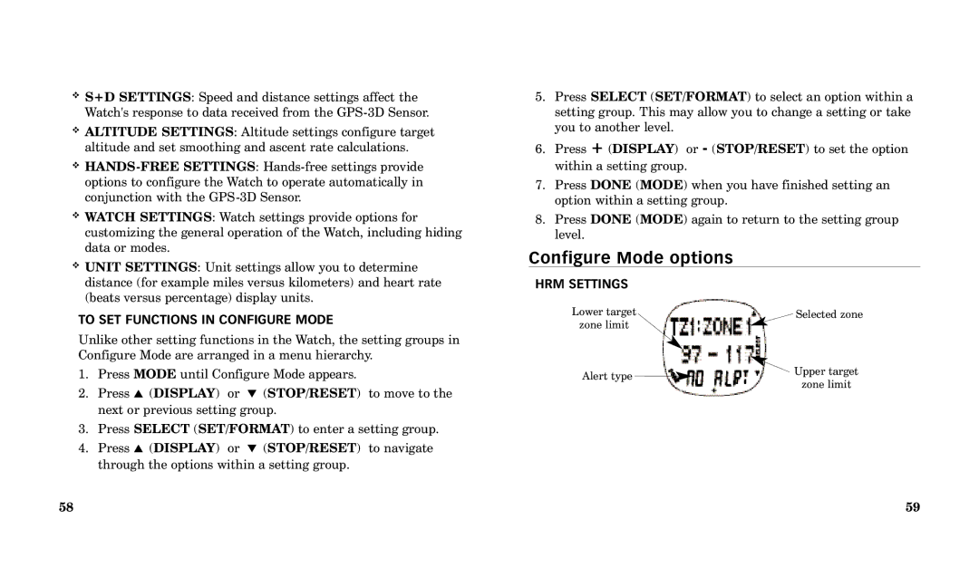 Timex Performance Watch manual Configure Mode options, To SET Functions in Configure Mode, HRM Settings 