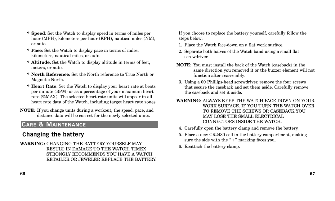 Timex Performance Watch manual Changing the battery 