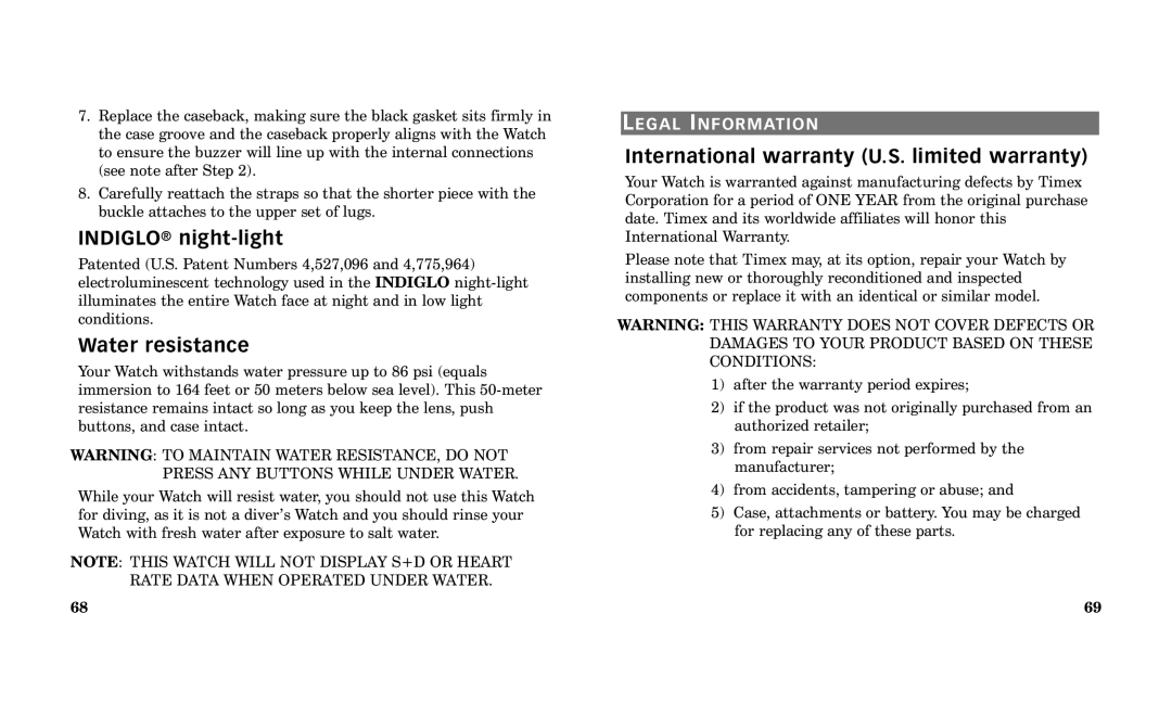 Timex Performance Watch manual INDIGLO¨ night-light, Water resistance, International warranty U.S. limited warranty 