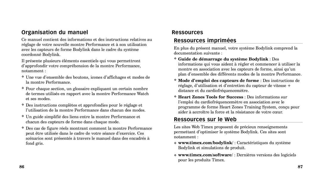 Timex Performance Watch manual Organisation du manuel, Ressources Ressources imprimŽes, Ressources sur le Web 