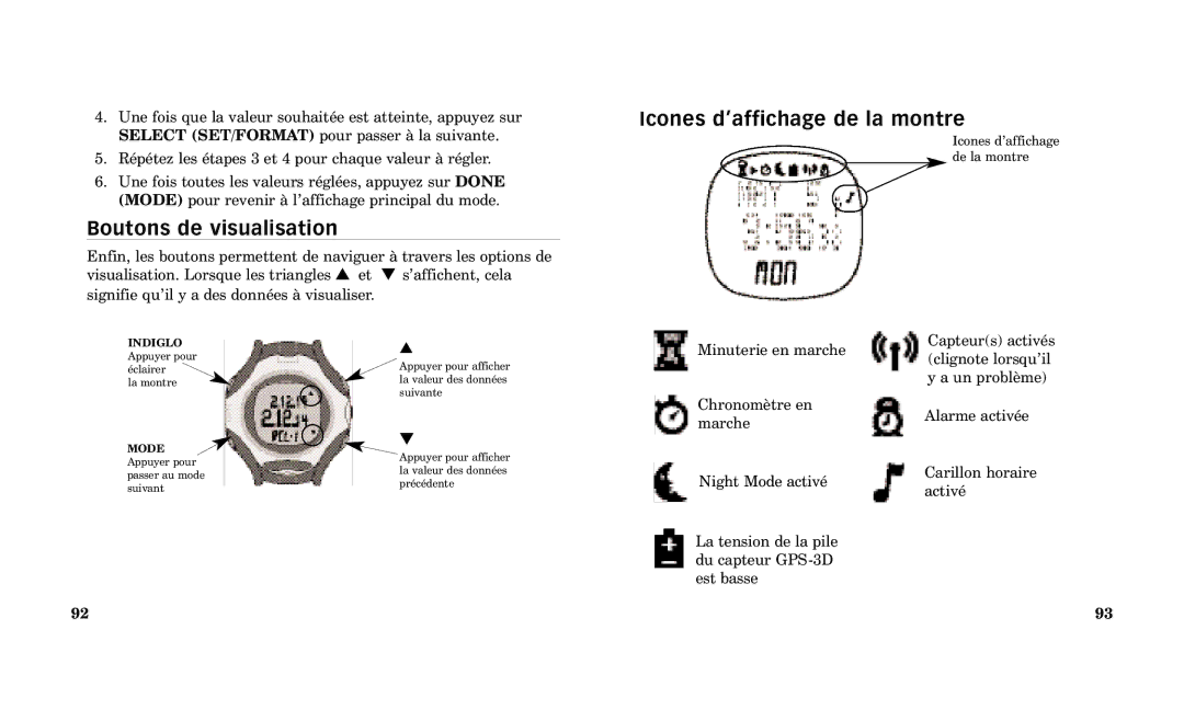 Timex Performance Watch manual Boutons de visualisation, Icones dÕaffichage de la montre 