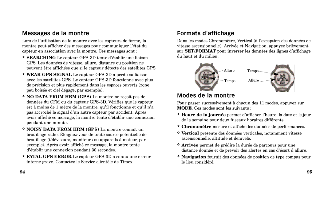 Timex Performance Watch manual Messages de la montre, Formats dÕaffichage, Modes de la montre 