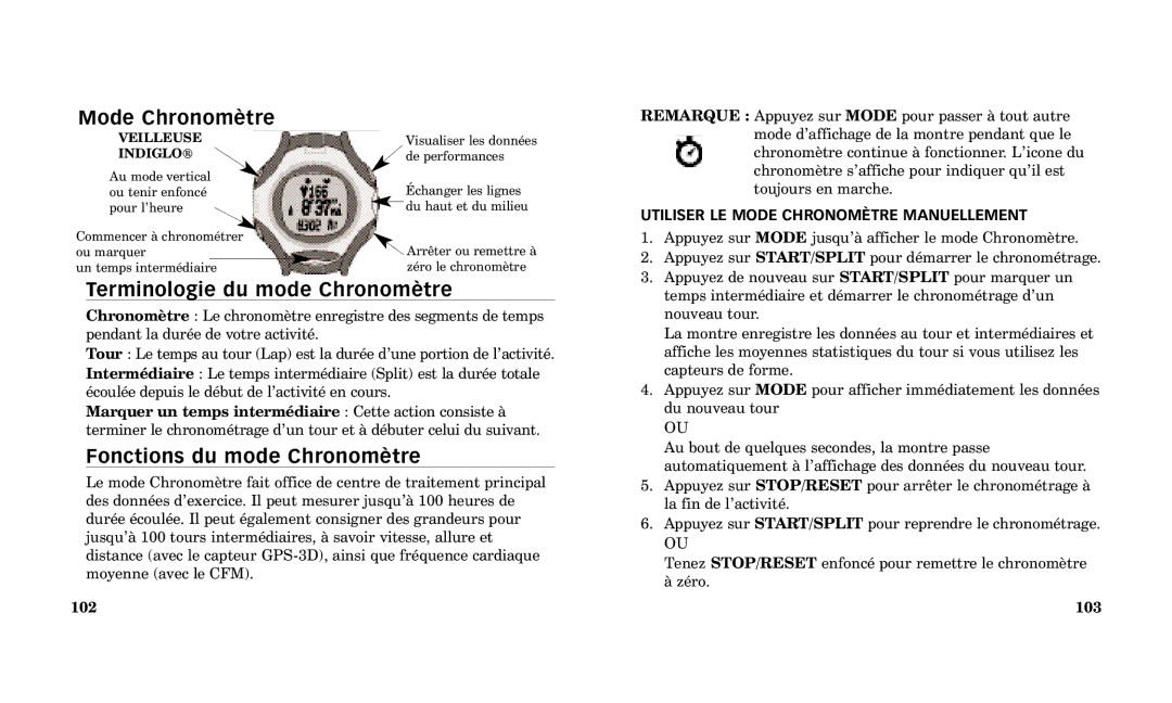 Timex Performance Watch manual Mode Chronomtre, Terminologie du mode Chronomtre, Fonctions du mode Chronomtre 