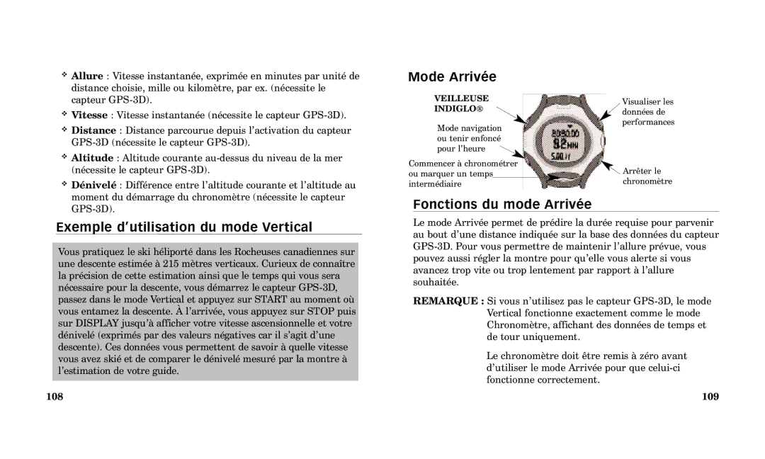 Timex Performance Watch manual Exemple dÕutilisation du mode Vertical, Mode ArrivŽe, Fonctions du mode ArrivŽe, 108, 109 