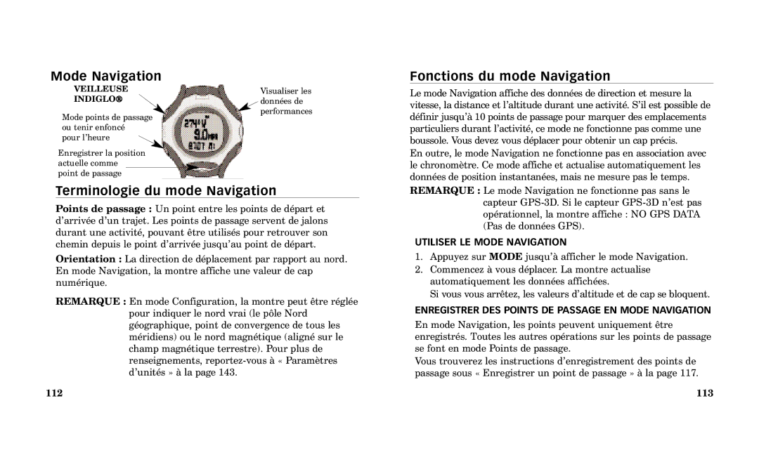 Timex Performance Watch manual Mode Navigation, Fonctions du mode Navigation, Terminologie du mode Navigation 