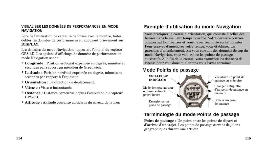 Timex Performance Watch manual Exemple dÕutilisation du mode Navigation, Mode Points de passage, 114 115 